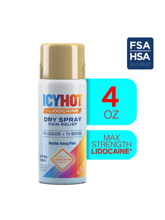Lidocaine Pain Relief Dry Spray, Numb Aggravated Nerves With Max Strength Lidocaine 4% and Menthol 1%, Fast-Acting Pain Relief for Minor Pain, Backaches, Sprains and Strains, 4 oz