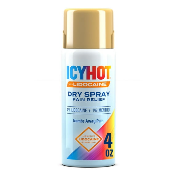 Icy Hot Lidocaine Pain Relief Dry Spray, Numb Aggravated Nerves With Max Strength Lidocaine 4% and Menthol 1%, Fast-Acting Pain Relief for Minor Pain, Backaches, Sprains and Strains, 4 oz