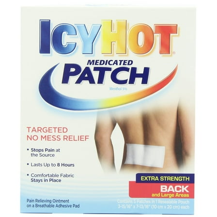 Icy Hot Medicated Patch Menthol 5% Extra Strength for Back & Large Areas, 5 Patches, 3 Pack