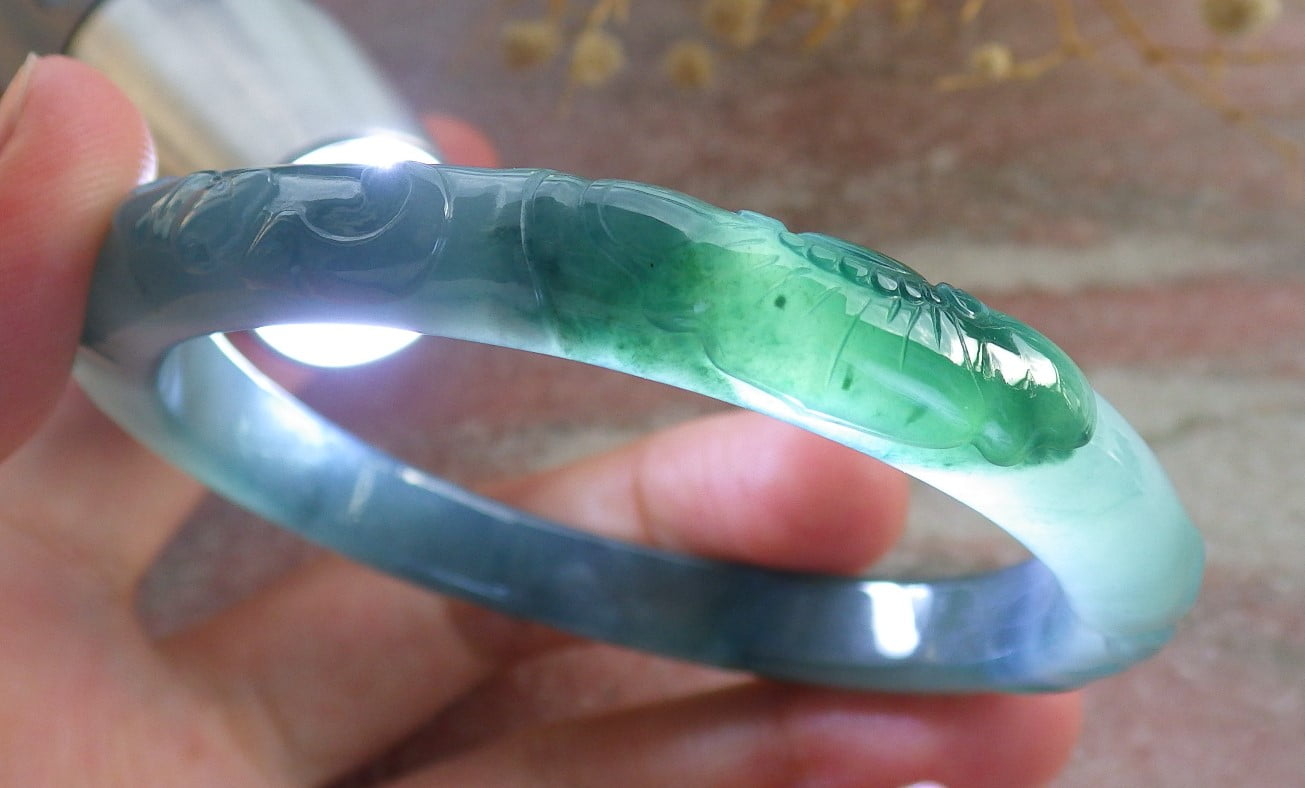 Icy Lavender Green Natural A JADE Jadeite Bat Ruyi Bamboo Bangle Bracelet 58 mm 683932 T