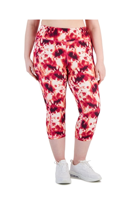 Plus Size Compression Tie-Dye Side-Pocket Crop Leggings Pink Shock 1X