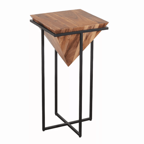 Ida 30 Inch Pyramid Shape Acacia Wood Side Table With Cross Iron Base- Brown