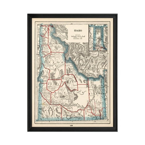 Idaho Art, 1893 Vintage Map of Idaho History Wall Decor Gift, Old Idaho Map - 18" x 24" Black Framed Print