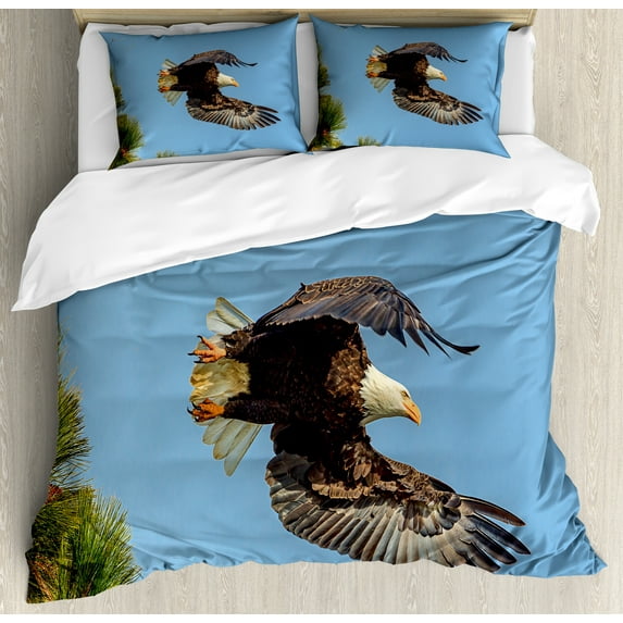 Idaho Duvet Cover Set, American Bald Eagle Coeur d'Alene Wildlife Bird Type State Sign Photo, Decorative 3 Piece Bedding Set with 2 Pillow Shams, Queen Size, Olive Green and Sky Blue, by Ambesonne