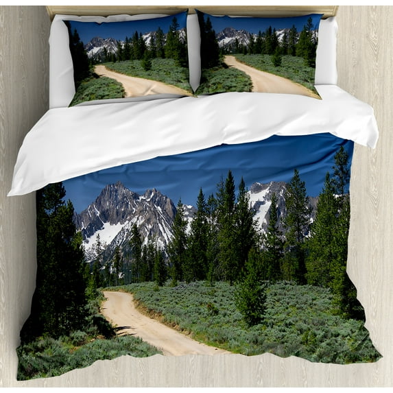 Idaho Duvet Cover Set, Photo of Foothill Sawtooth Mountains Outdoor Nature Road to Greenery, Decorative 3 Piece Bedding Set with 2 Pillow Shams, King Size, Azure Blue and Reseda Green, by Ambesonne