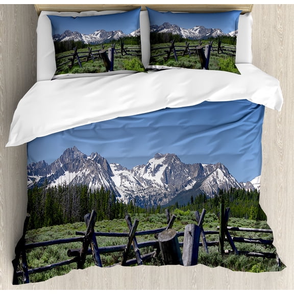 Idaho Duvet Cover Set, Sawtooth Mountains Snowy Peaks Meadow Landscape Photo, Decorative 3 Piece Bedding Set with 2 Pillow Shams, Calking Size, Army Green Sky Blue, by Ambesonne