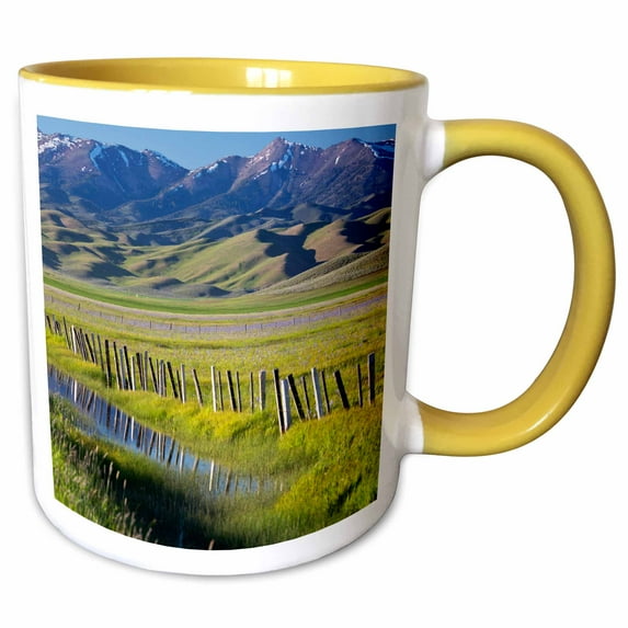 3drose, Idaho, Fairfield, Camas Prairie, Creek and Fence in the Camas Prairie, 15oz Two-tone Yellow Mug