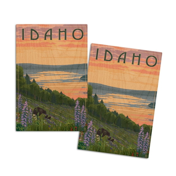 Idaho, Lake and Bear Family (4x6 Birch Wood Postcards, 2-Pack Stationary, Rustic Home Wall Decor)