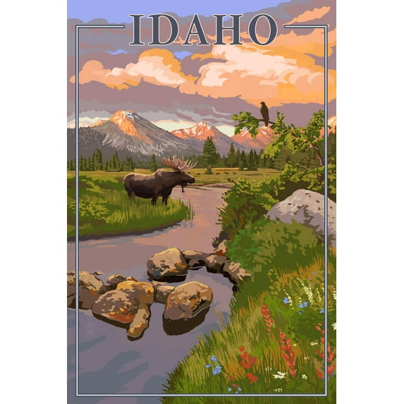 Idaho, Moose and Mountain Stream at Sunset (12x18 Wall Art Poster, Room Decor)