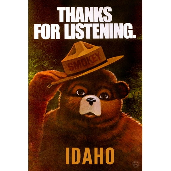 Idaho, Smokey Bear, Thanks for Listening, Vintage Artwork (16x24 Giclee Gallery Art Print, Vivid Textured Wall Decor)
