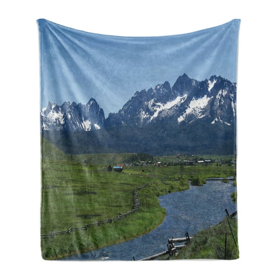 Idaho Soft Flannel Fleece Blanket, Real Life Scenery Photo Lake Fields and Mountains in Stanley Image, Cozy Plush for Indoor and Outdoor Use, 50" x 60", Emerald and Dark Slate Blue, by Ambesonne