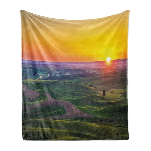 Idaho Soft Flannel Fleece Throw Blanket, Digitally Generated Landscape Photo of Sunset in Pacific Northwest, Cozy Plush for Indoor and Outdoor Use, 60" x 80", Multicolor, by Ambesonne