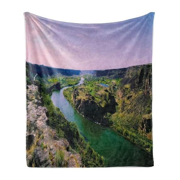 Idaho Soft Flannel Fleece Throw Blanket, Natural Landscape Picturesque of Snake River and Clear Sky in Twin Falls USA, Cozy Plush for Indoor and Outdoor Use, 70" x 90", Multicolor, by Ambesonne