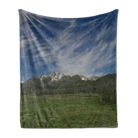 Idaho Soft Flannel Fleece Throw Blanket, Sawtooth Mountains Cape Horn Road Landscape near Stanley, Cozy Plush for Indoor and Outdoor Use, 50" x 60", Blue Olive Green, by Ambesonne