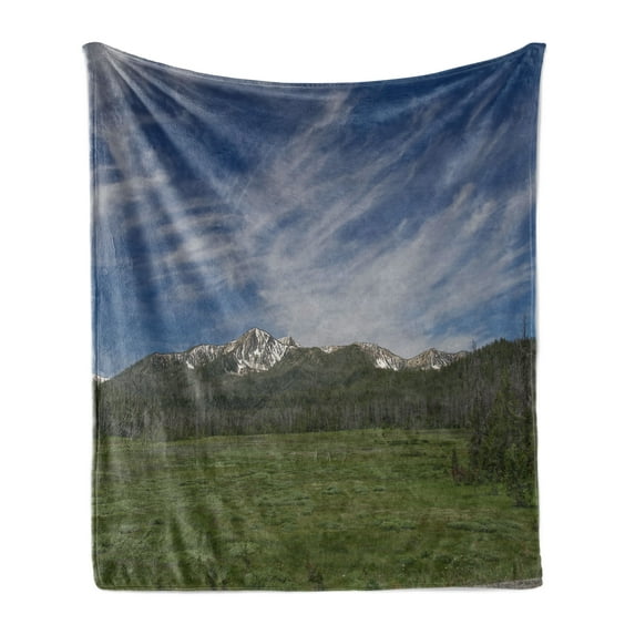 Idaho Soft Flannel Fleece Throw Blanket, Sawtooth Mountains Cape Horn Road Landscape near Stanley, Cozy Plush for Indoor and Outdoor Use, 50" x 60", Blue Olive Green, by Ambesonne