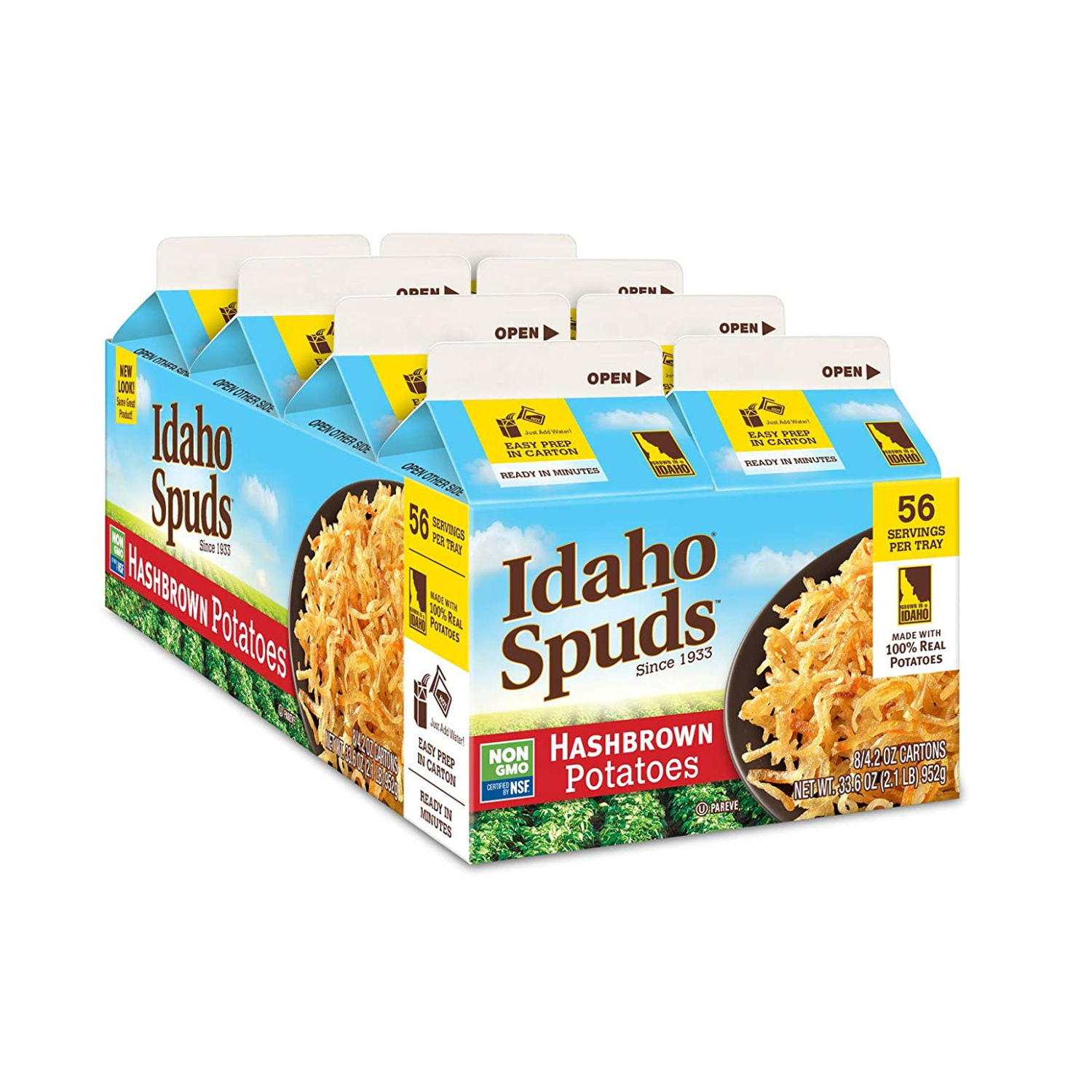 Idaho Spuds Premium Hashbrown Potatoes 4.2 oz, 8 Pack, Made from 100% Potatoes,No Artificial Colors or Flavors Non-GMO Certified Gluten Free Kosher, 33.6 Ounce