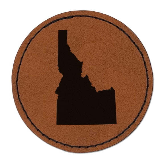 Idaho State Silhouette 2.5" Faux Leather Round Engraved Iron-On Patch - Brown