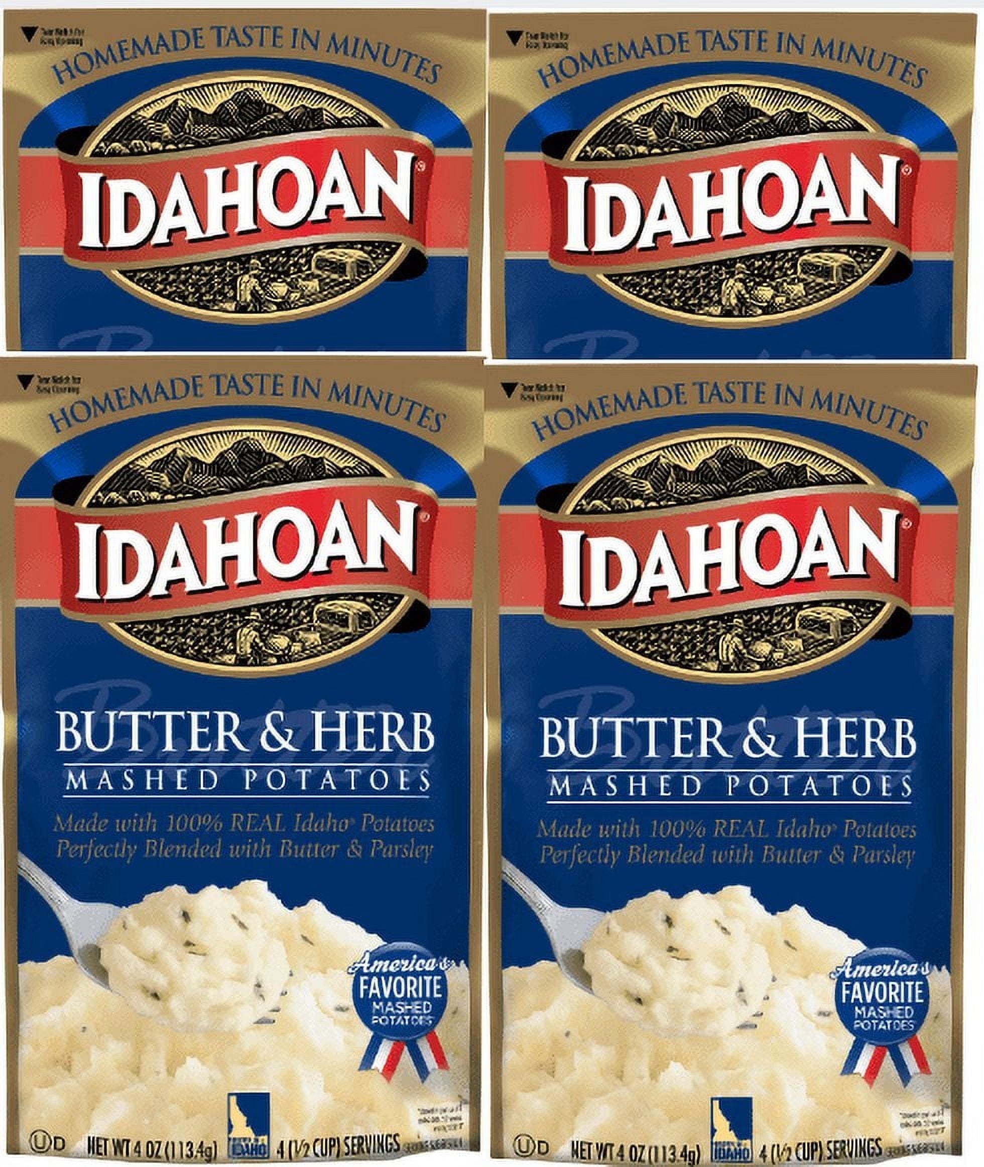 Idahoan Butter & Herb Mashed Potatoes, 4 oz Pouch pack of 4 Real Idaho Potatoes and Holiday Thanksgiving Christmas Dinner