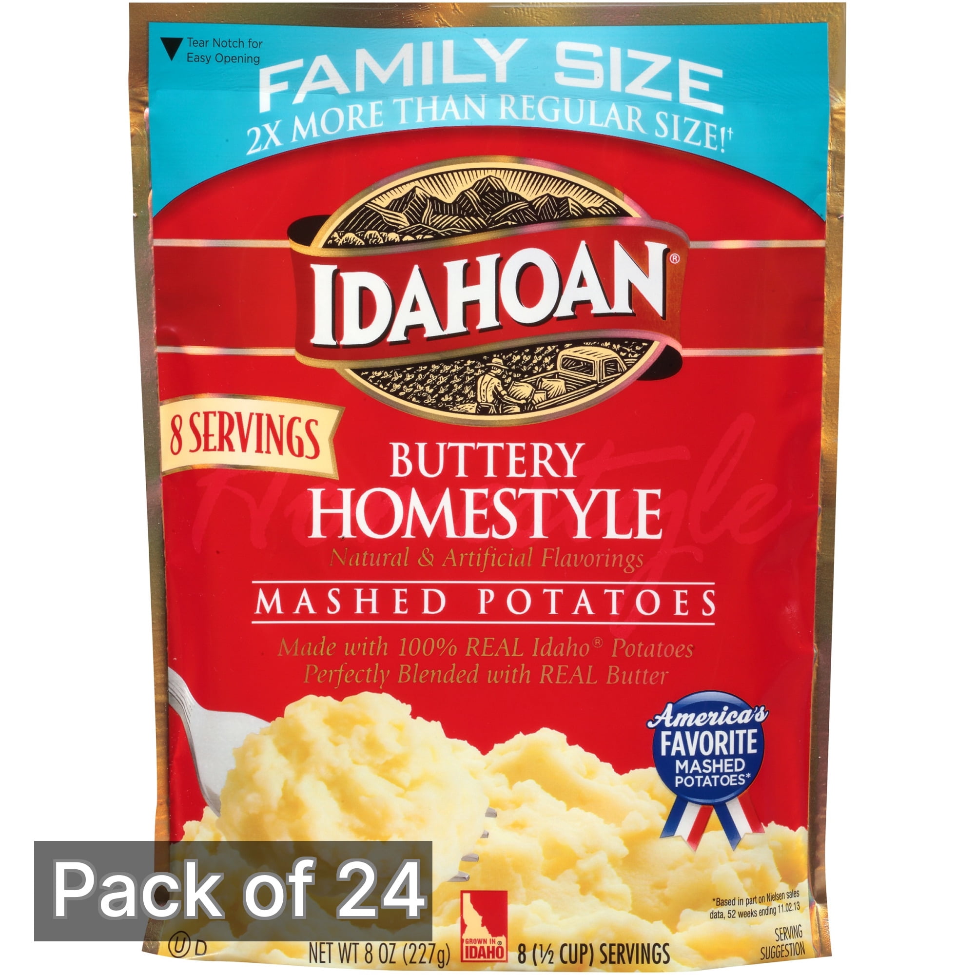 Idahoan Mashed Potatoes, Buttery Homestyle Family Size 8 oz Pouch (Pack of 24)