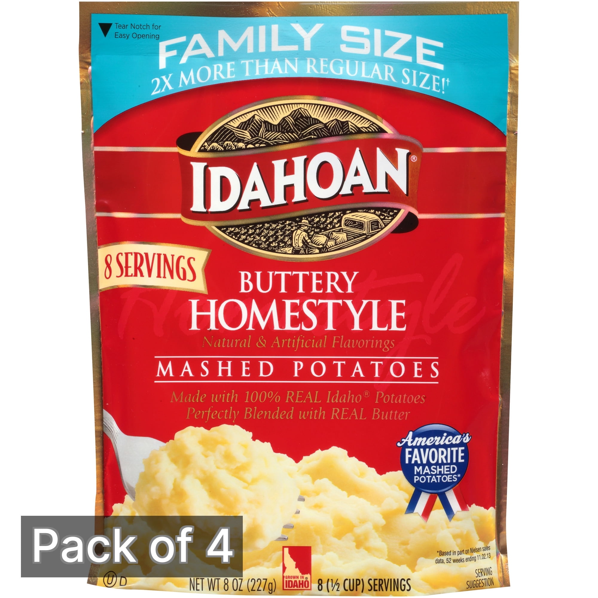 Idahoan Mashed Potatoes, Buttery Homestyle Family Size 8 oz Pouch (Pack of 4)