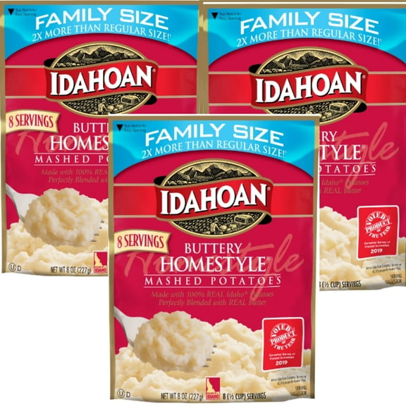 Idahoan Buttery Homestyle Mashed Potatoes Family Size, 8 oz Pouch pack of 3 Real Idaho Potatoes and Holiday Thanksgiving Christmas Dinner
