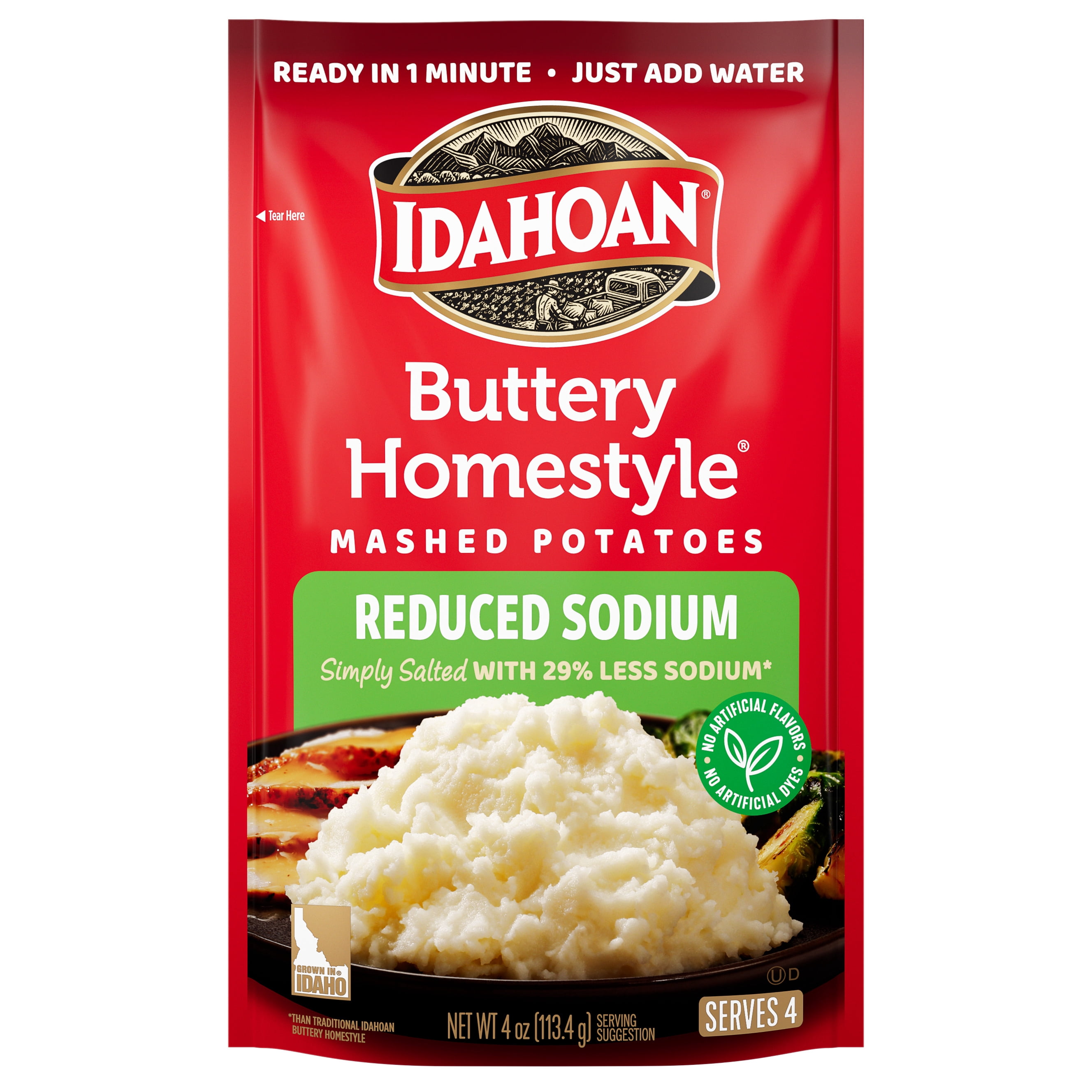 Idahoan® Buttery Homestyle® Reduced Sodium Mashed Potatoes, 4 oz (Pack of 12)