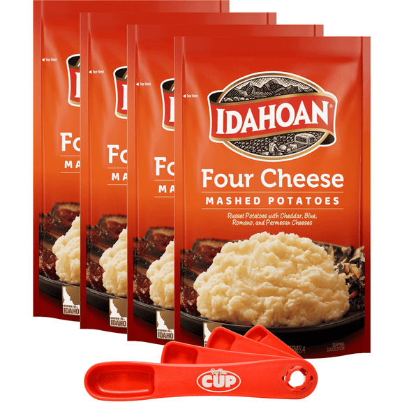 Idahoan Foods Four Cheese Mashed Potatoes, 4 oz Bag (pack of 4) Gluten-Free, Contains Milk, with By The Cup Swivel Spoon