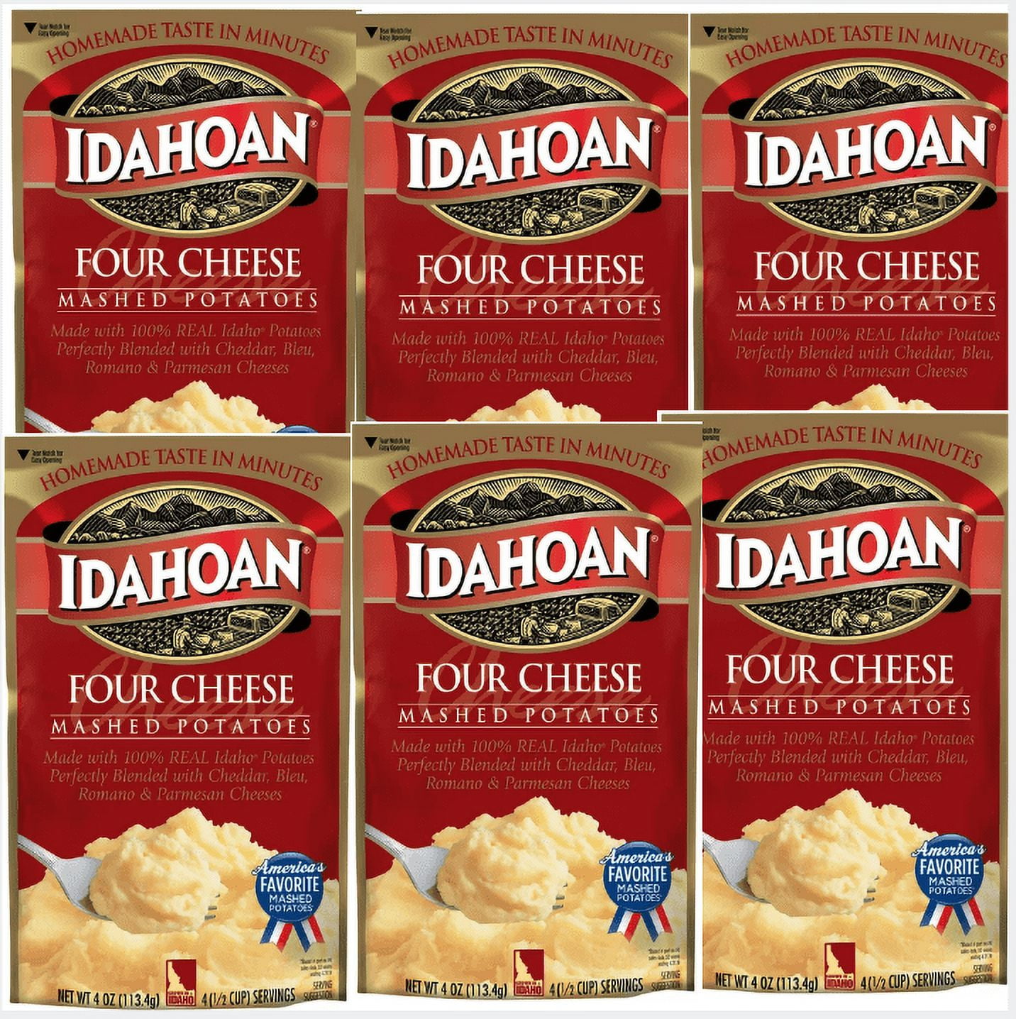 Idahoan Four Cheese Mashed Potatoes 4 oz Pouch pack of 6 Real