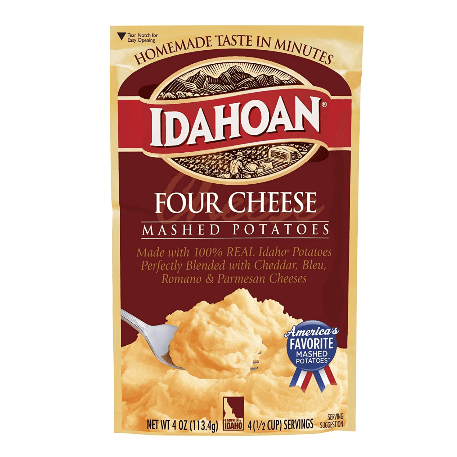 Idahoan Four Cheese Mashed Potatoes, Made with Gluten Free 100-Percent Real Idaho Potatoes, 4 Oz Each, Pack of 12, On The Go Side Dishes