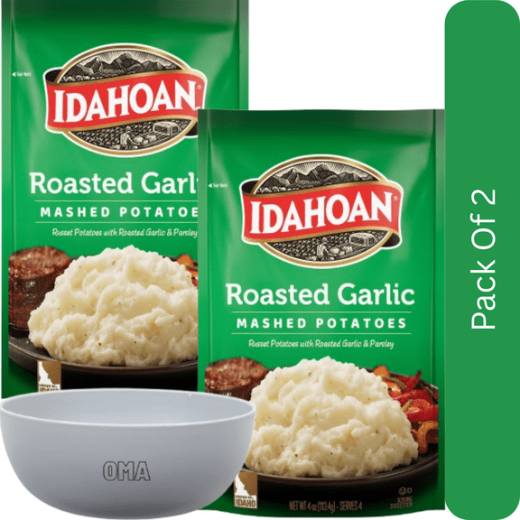 Idahoan Roasted Garlic Mashed Potatoes  4 oz Pouch-2pk, With White Bowl By OMA