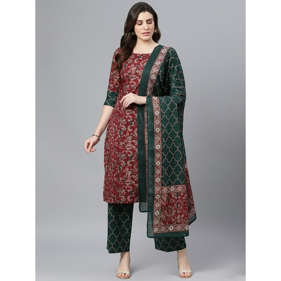 Idalia Maroon Printed Kurta With Dark Green Printed Palazzo Pant And Dupatta