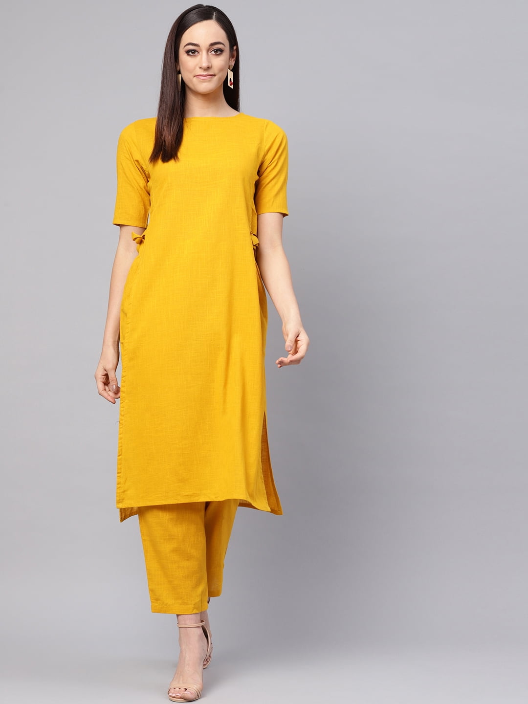 Idalia Women's Cotton Slub Straight Kurta With Pants Set - Boat Neck, Elbow Sleeves, Sage Green, Sizes S-XXL