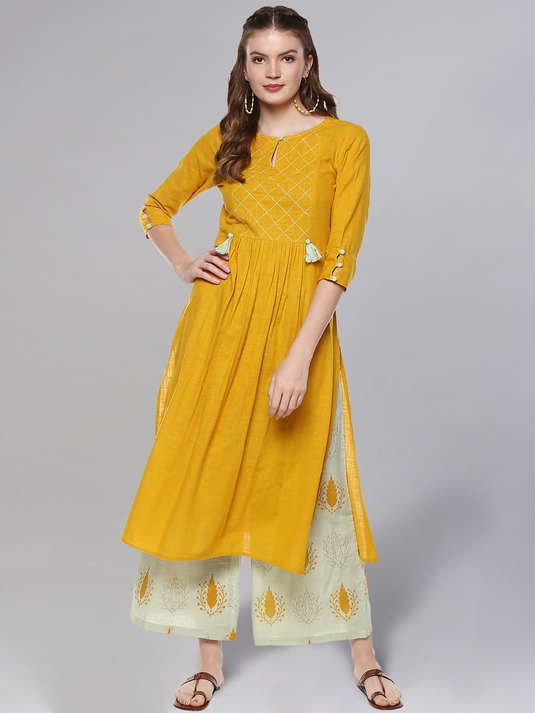 Women Mustard And Sage Green Kurta Set main image 1