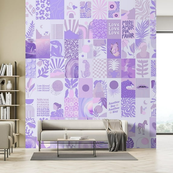 Idea4wall 2pcs Chic Purple Graphic Elements Trendy and Eclectic Mix for Stylish Wall Murals, Not Peel and Stick, Non-Woven Wallpaper Large Wall Decoration for Rooms, 48"x120"