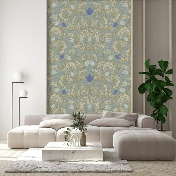 Idea4wall 2pcs Classic Floral Pattern Elegant Botanical Soft Blue and Beige Tones Wall Murals, Not Peel and Stick, Non-Woven Wallpaper Large Wall Decoration for Rooms, 48"x96"