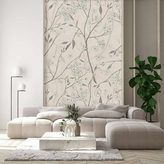 Idea4wall 2pcs Delicate Blossom Elegant Floral Soft Beige and Gray Tones Wall Murals, Not Peel and Stick, Non-Woven Wallpaper Large Wall Decoration for Rooms, 48"x132"