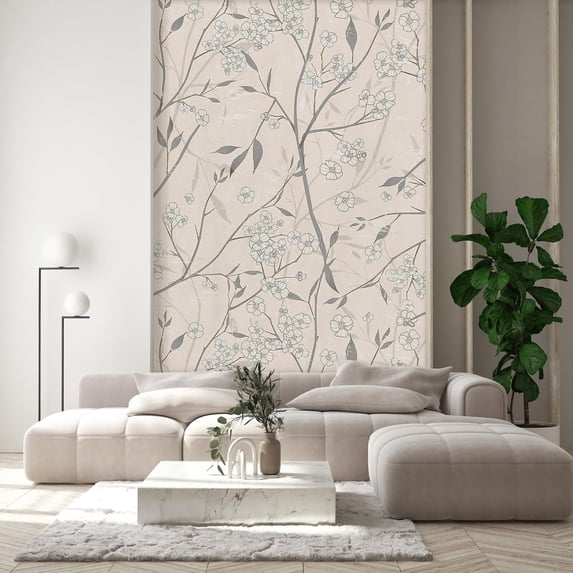 Idea4wall 2pcs Delicate Blossom Elegant Floral Soft Beige and Gray Tones Wall Murals, Removable Self-Adhesive Stick Wallpaper Large Wall Stickers for Home Decorative, 48"x120"