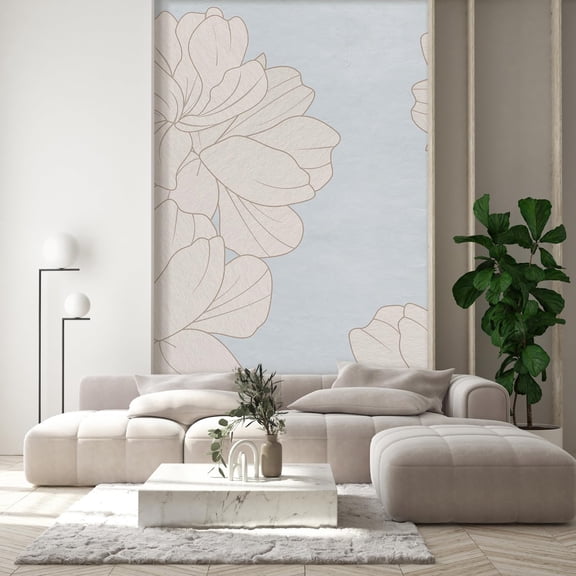Idea4wall 2pcs Elegant Floral Outline Modern Minimalist White Flower Wall Murals, Not Peel and Stick, Non-Woven Wallpaper Large Wall Decoration for Rooms, 48"x72"