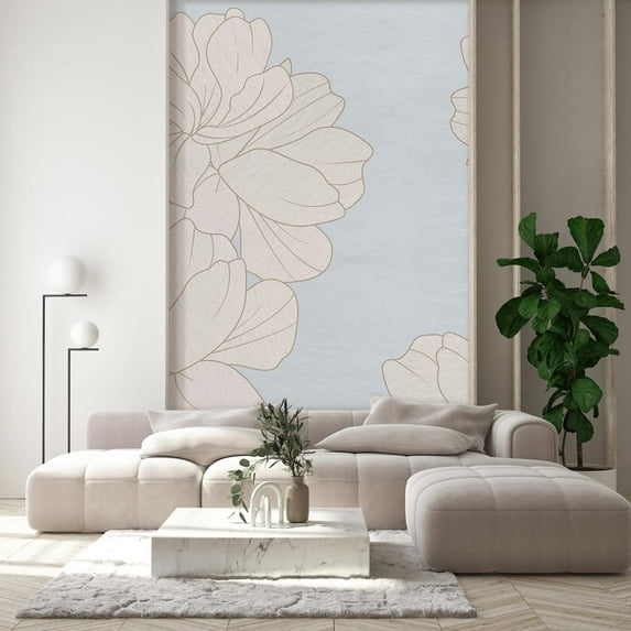 Idea4wall 2pcs Elegant Floral Outline Modern Minimalist White Flower Wall Murals, Removable Self-Adhesive Stick Wallpaper Large Wall Stickers for Home Decorative, 48"x96"