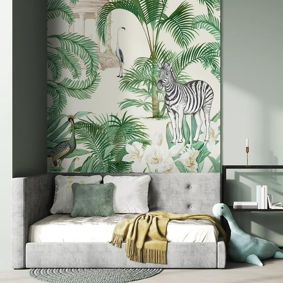 Idea4wall 2pcs Exotic Jungle Tropical Palms and Wildlife Wall Murals, Not Peel and Stick, Non-Woven Wallpaper Large Wall Decoration for Rooms, 48"x132"