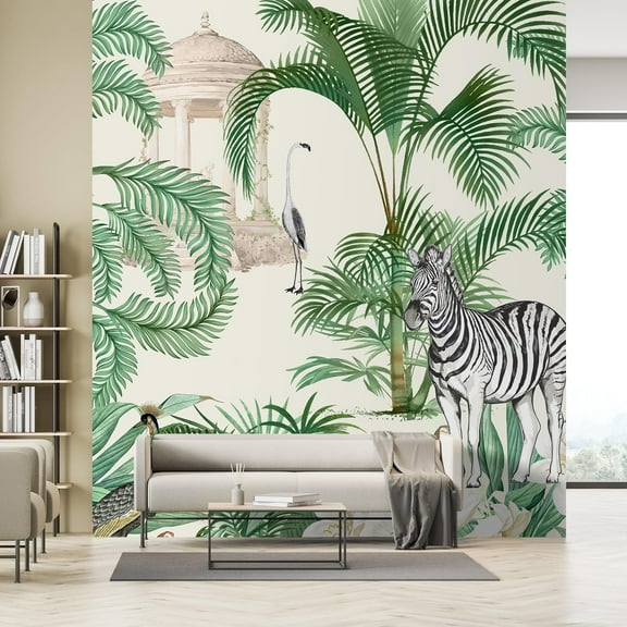 Idea4wall 2pcs Exotic Jungle Tropical Palms and Wildlife Wall Murals, Removable Self-Adhesive Stick Wallpaper Large Wall Stickers for Home Decorative, 48"x108"
