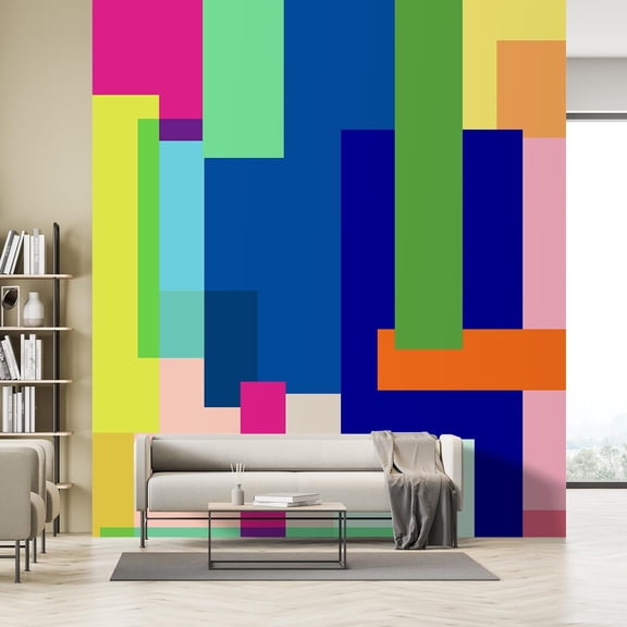 Idea4wall 2pcs Geometric Color Blocks Vibrant Multi-Color Modern Wall Murals, Not Peel and Stick, Non-Woven Wallpaper Large Wall Decoration for Rooms, 48"x132"
