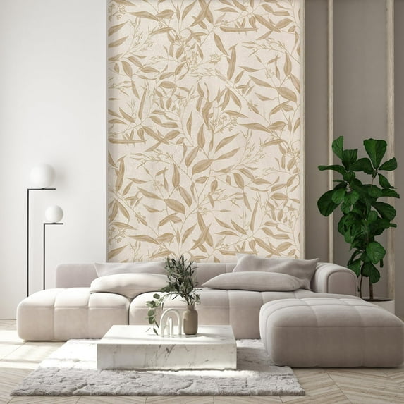 Idea4wall 2pcs Golden Leaf Chic Botanical Warm Beige and Gold Tones Wall Murals, Removable Self-Adhesive Stick Wallpaper Large Wall Stickers for Home Decorative, 48"x120"