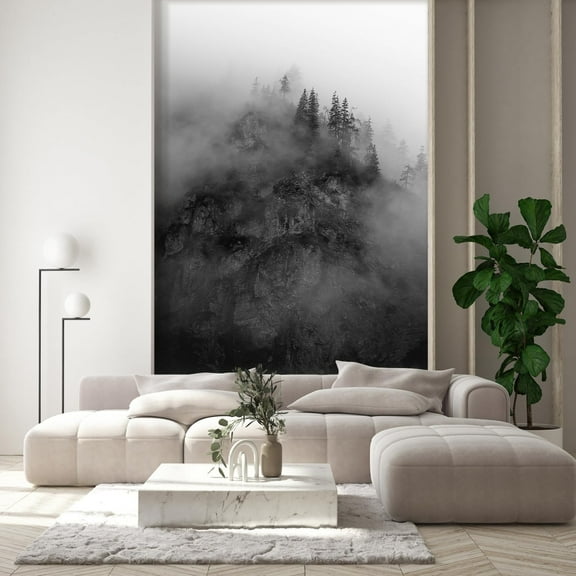 Idea4wall 2pcs Misty Mountain Landscape Black and White Foggy Forest Scene Wall Murals, Removable Self-Adhesive Stick Wallpaper Large Wall Stickers for Home Decorative, 48"x96"