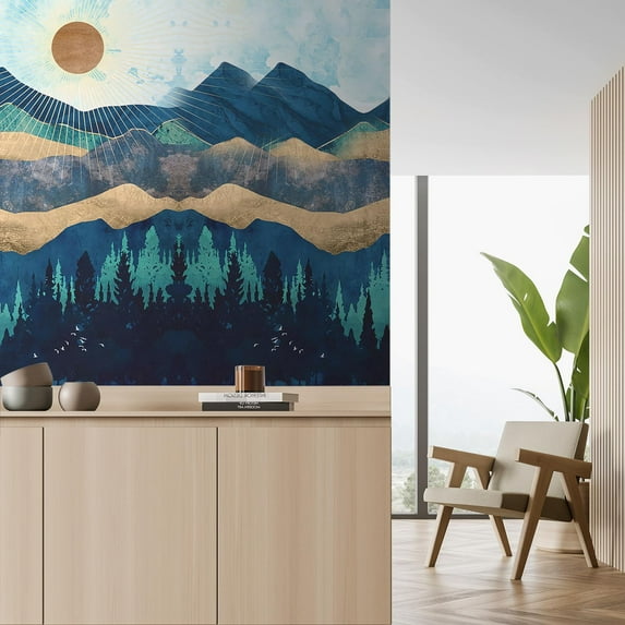 Idea4wall 2pcs Nordic Style Mountain & Sunshine Stick Wallpaper Removable Wall Murals Large Wall Stickers for Home Decoration, 48"x48"