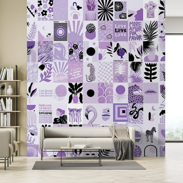 Idea4wall 2pcs Purple Graphic Blend of Modern Animals & Trapical Pattern Wall Murals, Removable Self-Adhesive Stick Wallpaper Large Wall Stickers for Home Decorative, 48"x108"