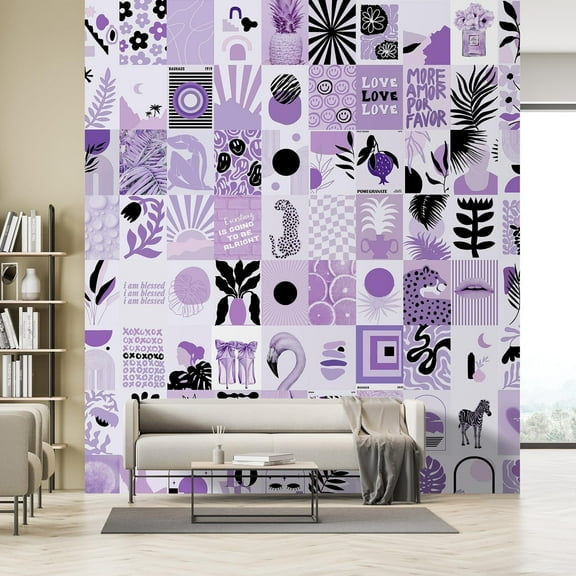 Idea4wall 2pcs Purple Graphic Blend of Modern Animals & Trapical Pattern Wall Murals, Removable Self-Adhesive Stick Wallpaper Large Wall Stickers for Home Decorative, 48"x108"