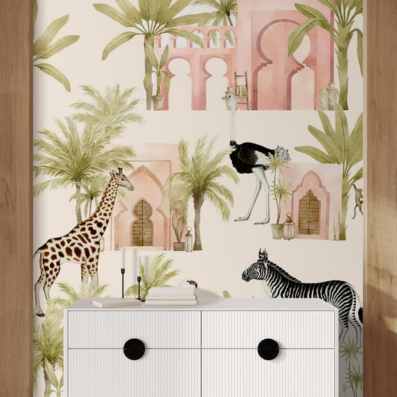 Idea4wall 2pcs Safari Exotic Wildlife and Palm Trees Pattern Wall Murals, Not Peel and Stick, Non-Woven Wallpaper Large Wall Decoration for Rooms, 48"x108"