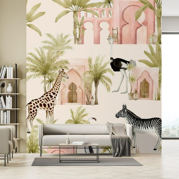 Idea4wall 2pcs Safari Exotic Wildlife and Palm Trees Pattern Wall Murals, Removable Self-Adhesive Stick Wallpaper Large Wall Stickers for Home Decorative, 48"x108"