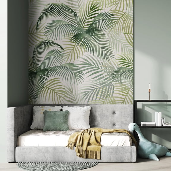 Idea4wall 2pcs Soft Palm Leaves Gentle Green Botanical Wall Murals, Not Peel and Stick, Non-Woven Wallpaper Large Wall Decoration for Rooms, 48"x120"